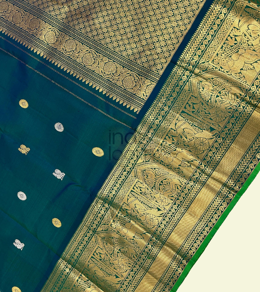 Peacock Blue  with Leaf Green  and Golden Border Kanjivarm Silk Saree-22