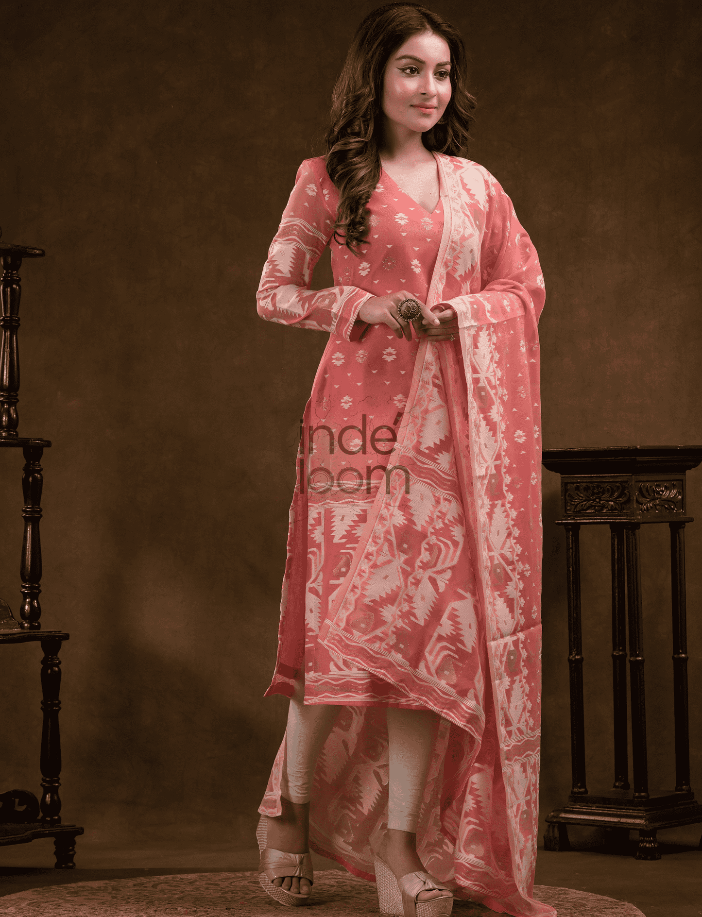 Rose Pink Cotton Silk Jamdani 2-Piece Set Kurti & Dupatta (UNSTITCHED) - 381