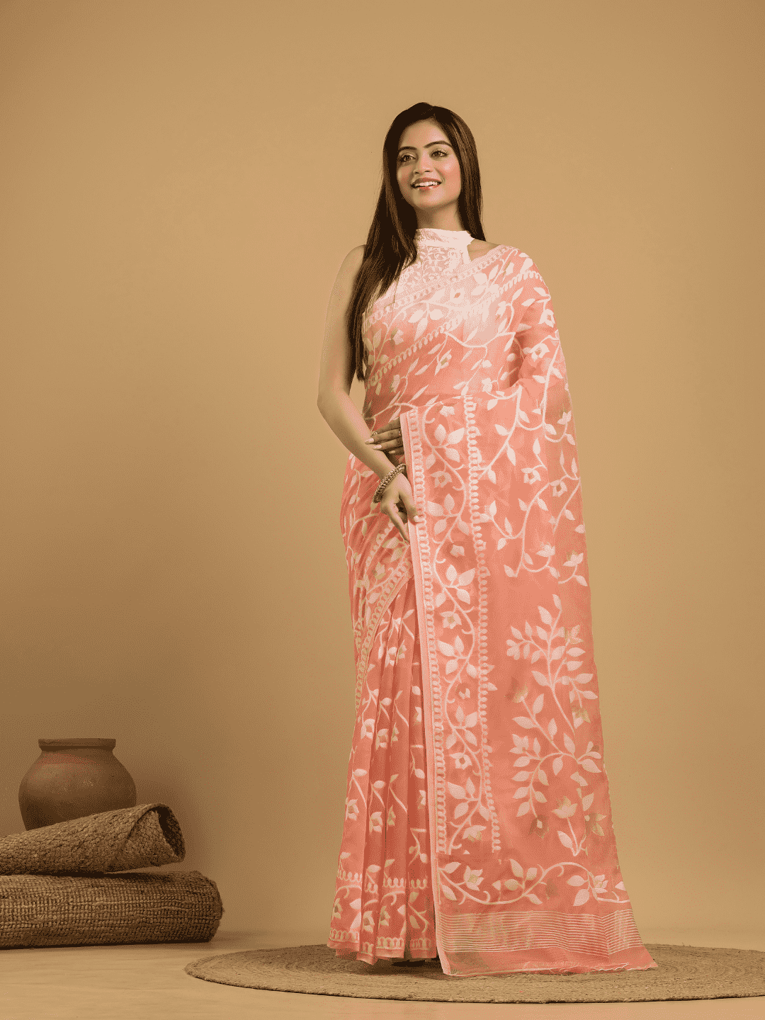 Coral Pink Cotton Silk Jamdani Saree - 030