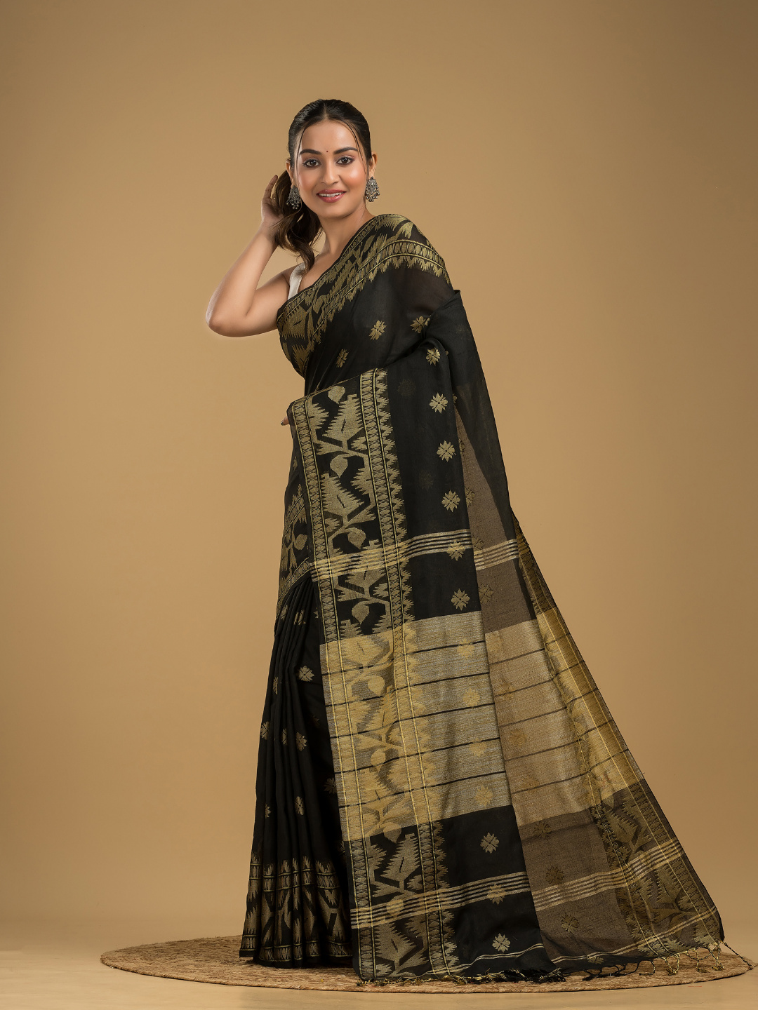 Coal Black Cotton Silk Jamdani Saree - 010