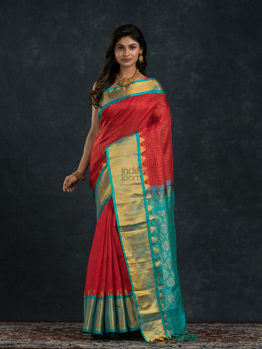 Korvai Saree Lakshadeepam in Chilli Red - Sky Blue Border - 007