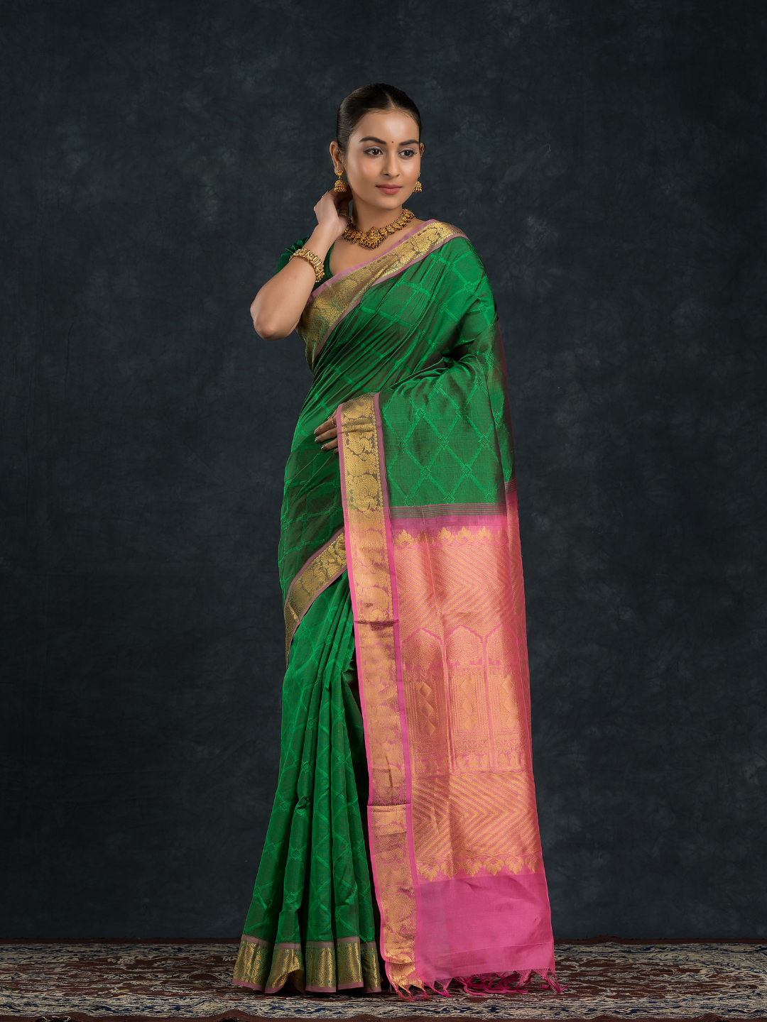 Teal Green and Pink Border  Korvai Saree - 148