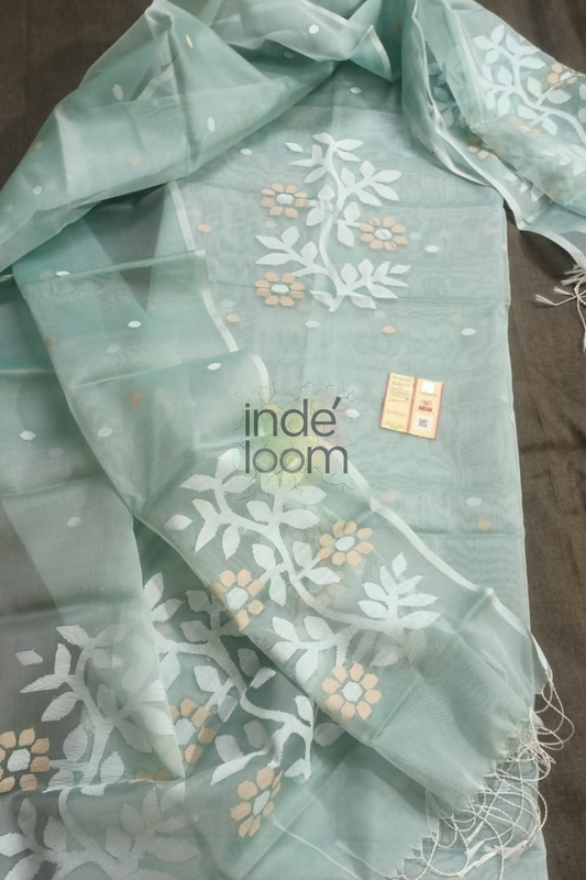 Muslin Jamdani 2 Piece Set Kurti & Dupatta in Mint Green-012