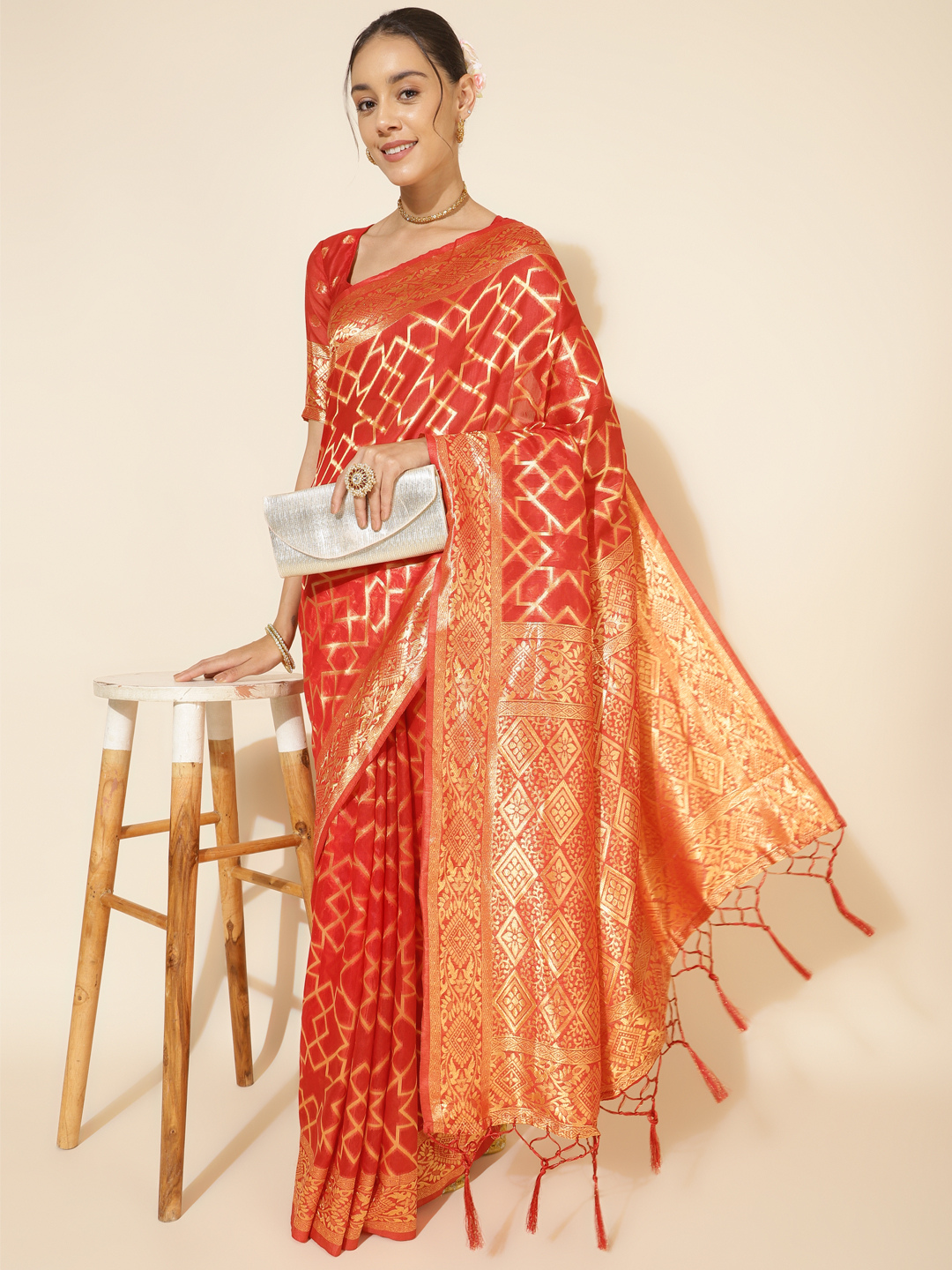 Chanderi Silk Woven Geometric Saree in Classic Red (Precision Looms) -003