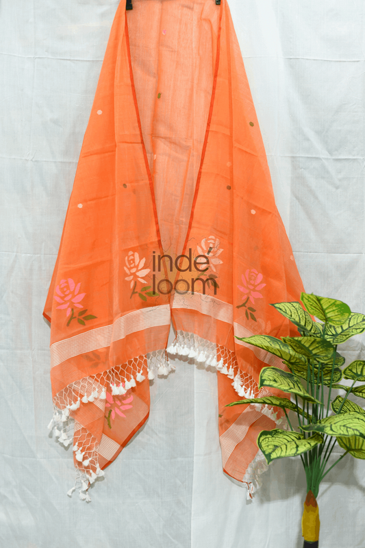 Cotton Jamdani 2 Piece Set Kurti & Dupatta with  Neon Orange - Jamdani Kurti - 150