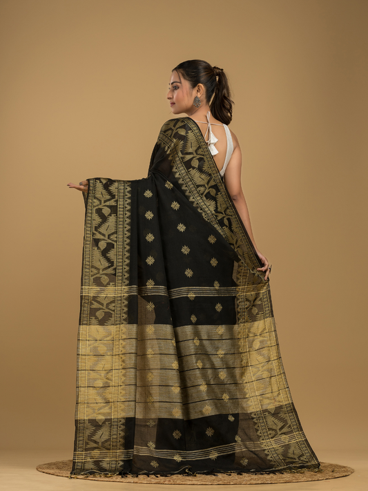 Coal Black Cotton Silk Jamdani Saree - 010