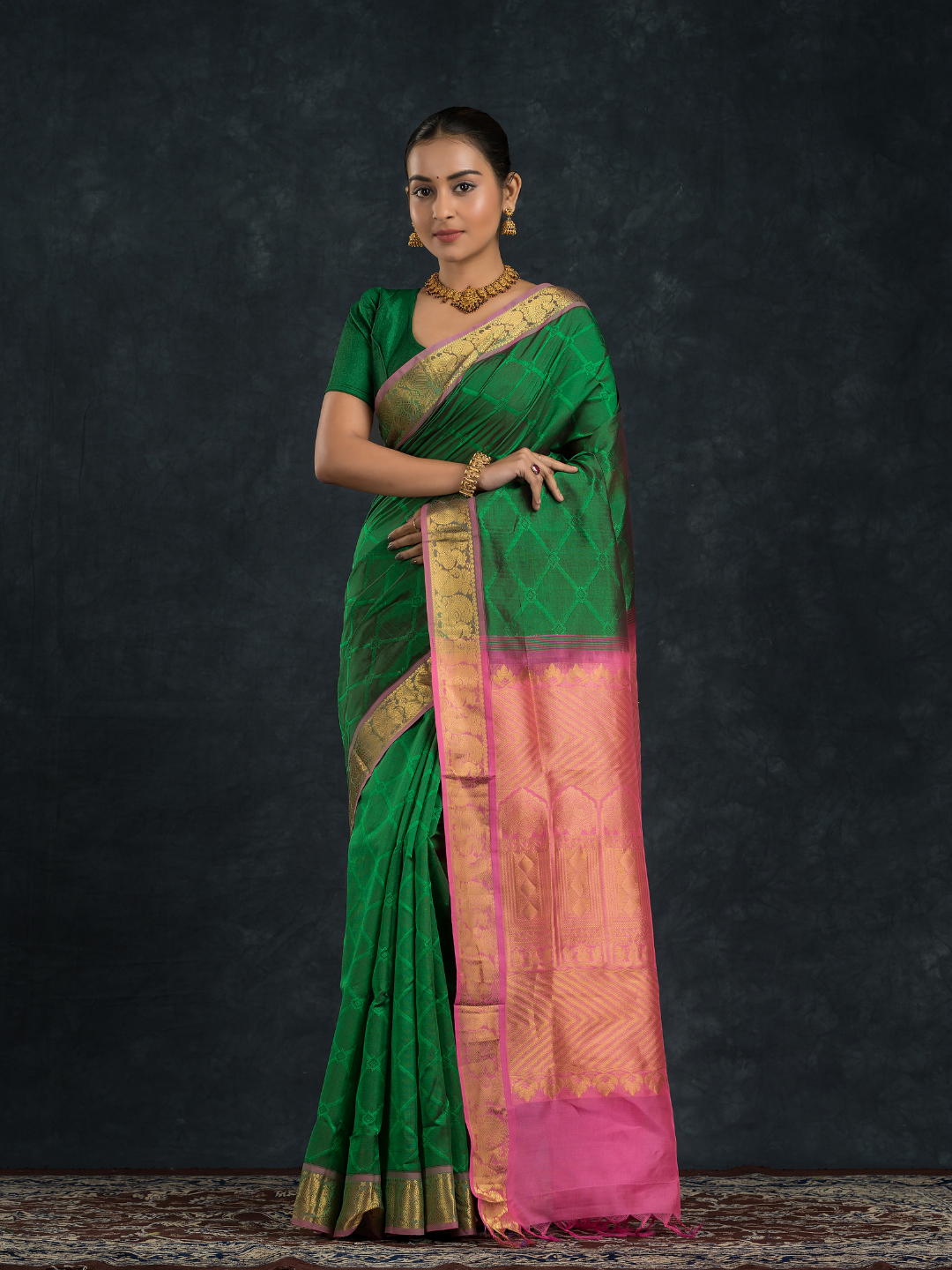 Teal Green and Pink Border  Korvai Saree - 148