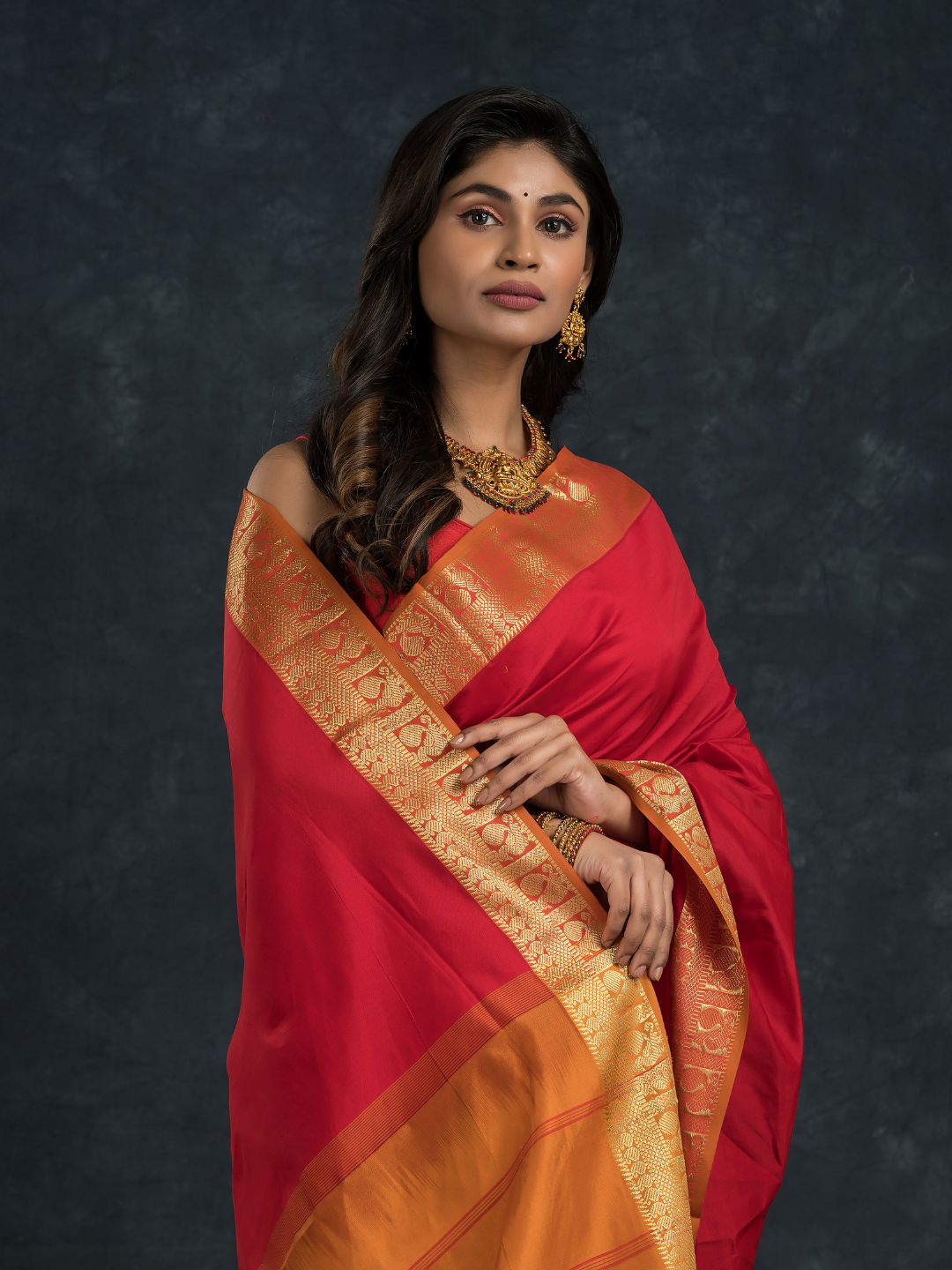 Passion Red Golden Pecock Korvai Saree - 144