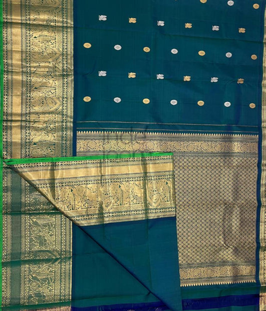 Peacock Blue  with Leaf Green  and Golden Border Kanjivarm Silk Saree-22