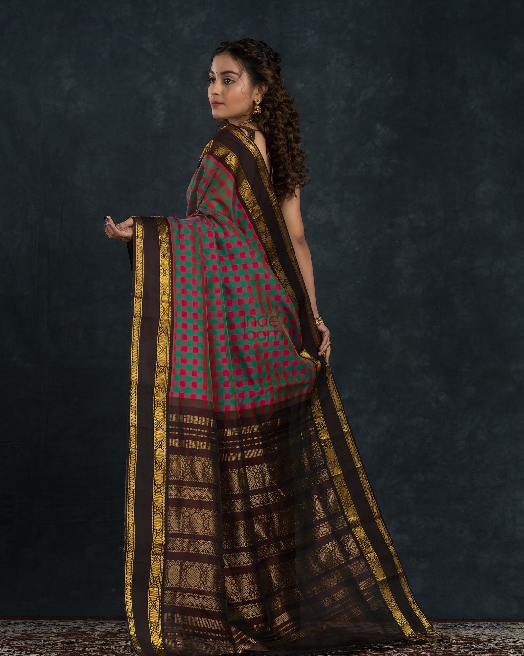 Pure handloom Korvai Saree Pink and Green Checks and Black Border - 132