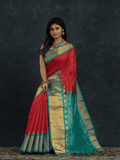 Pure handloom Korvai Silk Cotton Lakshadeepam Saree in Chilli Red and Sky Blue Border - 007