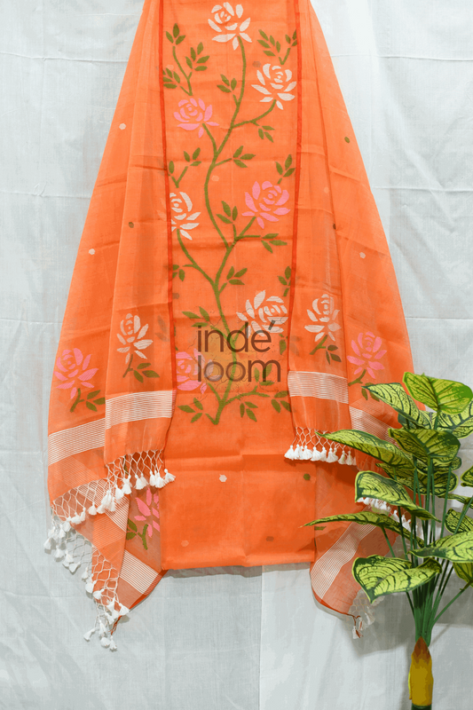 Cotton Jamdani 2 Piece Set Kurti & Dupatta with  Neon Orange - Jamdani Kurti - 150