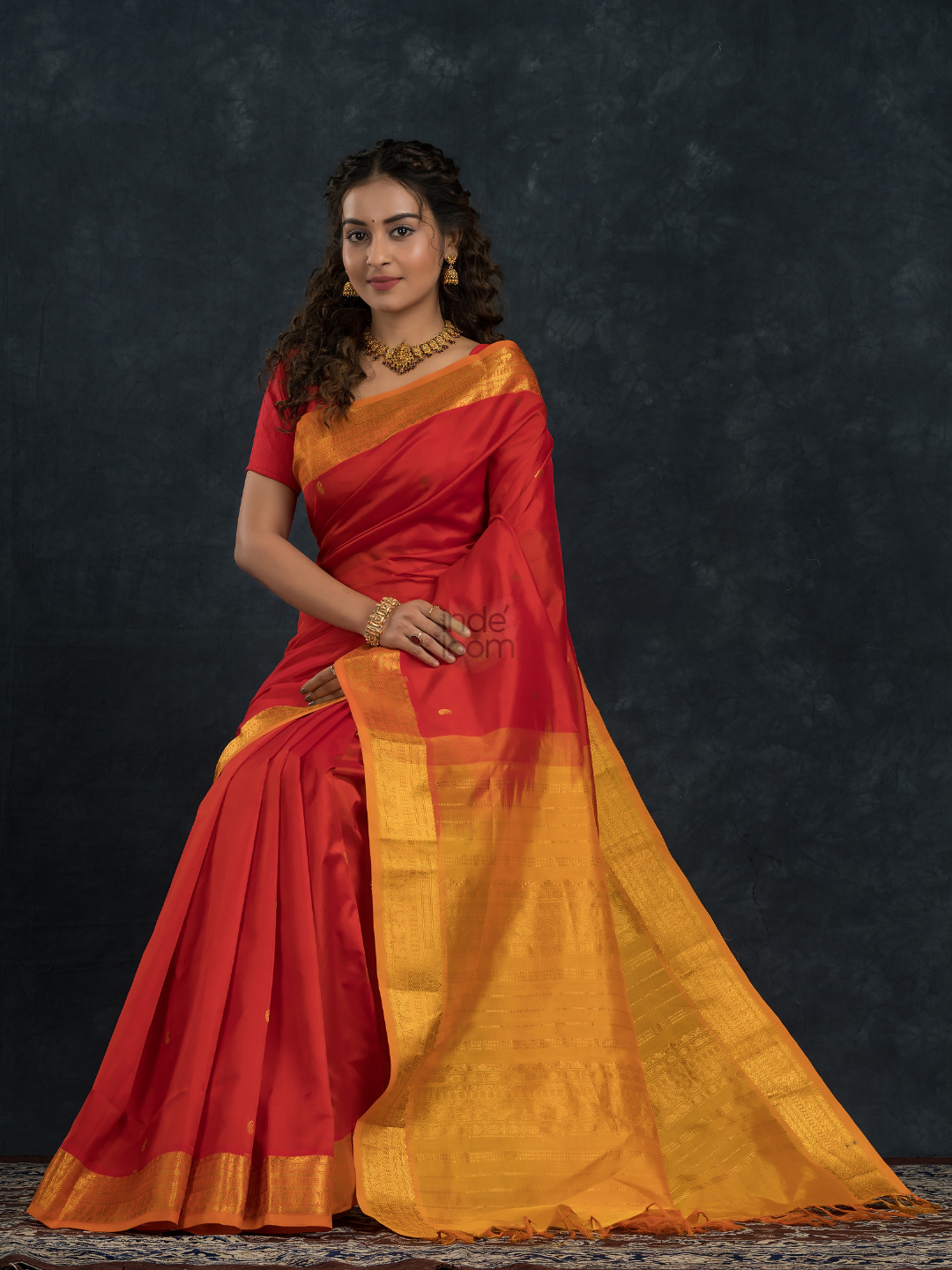 Korvai Saree Classic Red and Yellow border with small zari buttas -163