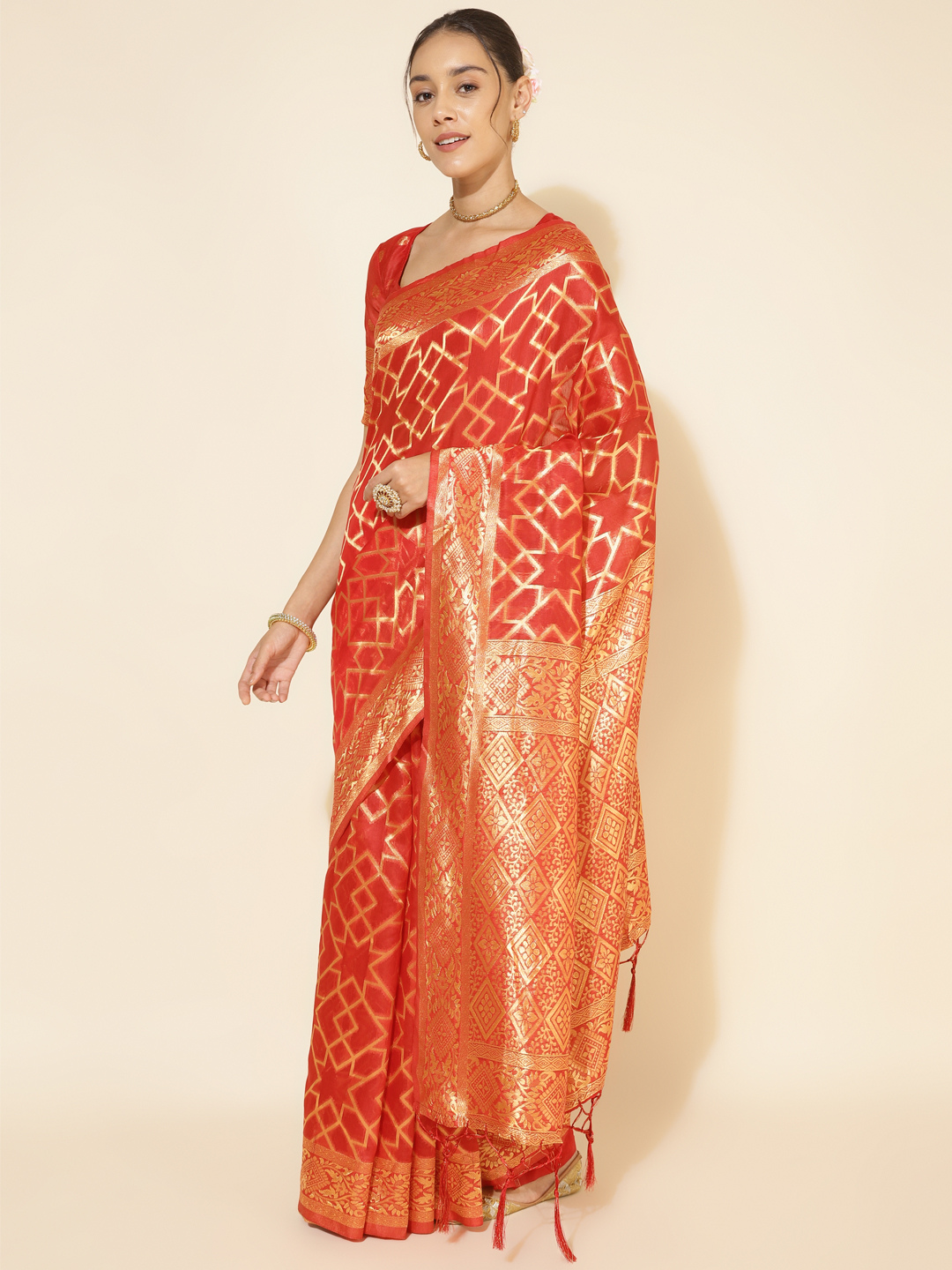 Chanderi Silk Woven Geometric Saree in Classic Red (Precision Looms) -003