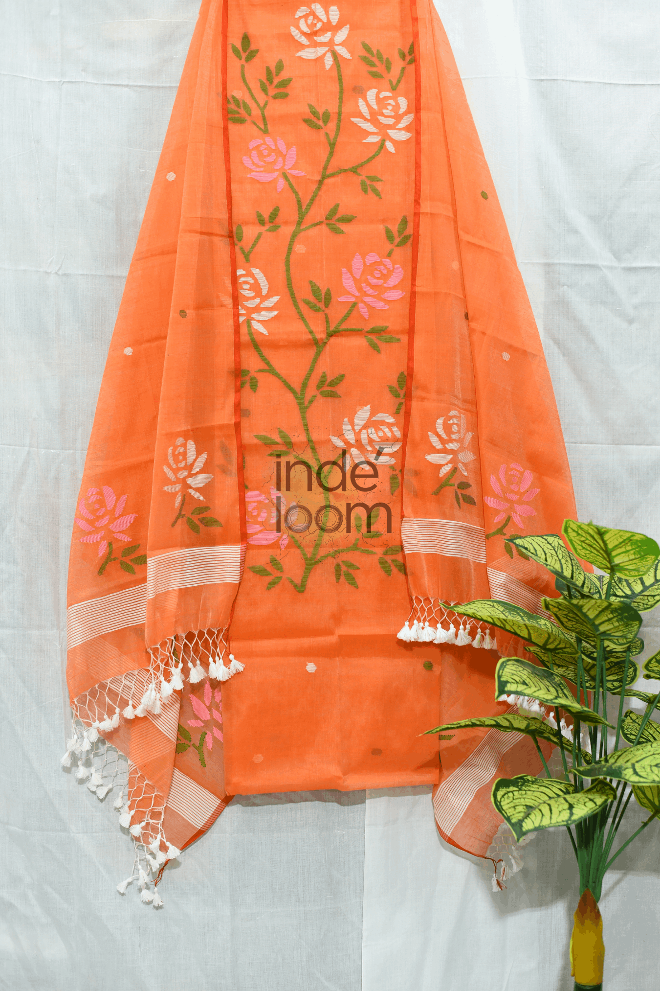 Cotton Jamdani 2 Piece Set Kurti & Dupatta with  Neon Orange - Jamdani Kurti - 150