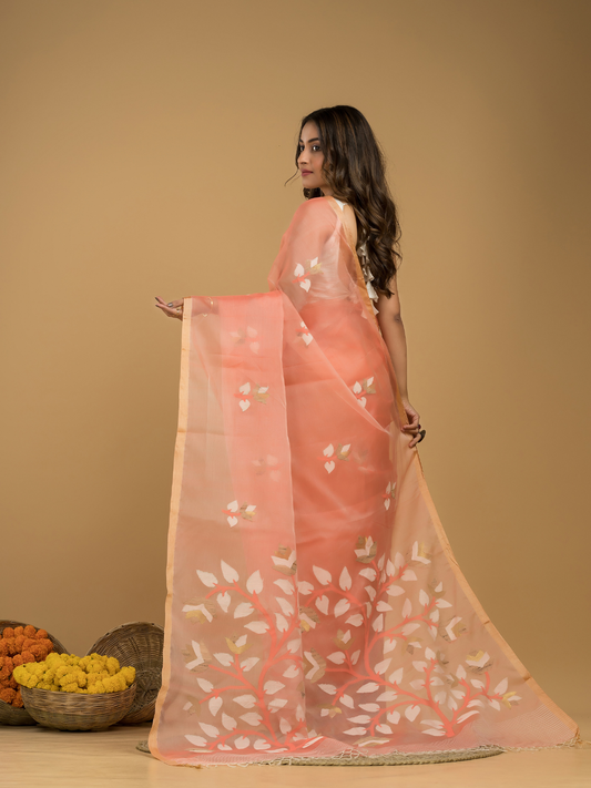 Jamdani Saree With Coral Orange - 010