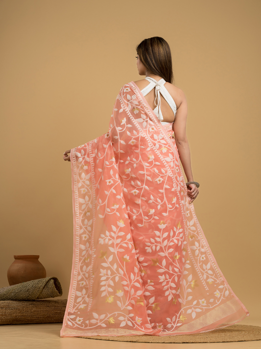 Coral Pink Cotton Silk Jamdani Saree - 030