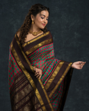 Pure handloom Korvai Saree Pink and Green Checks and Black Border - 132