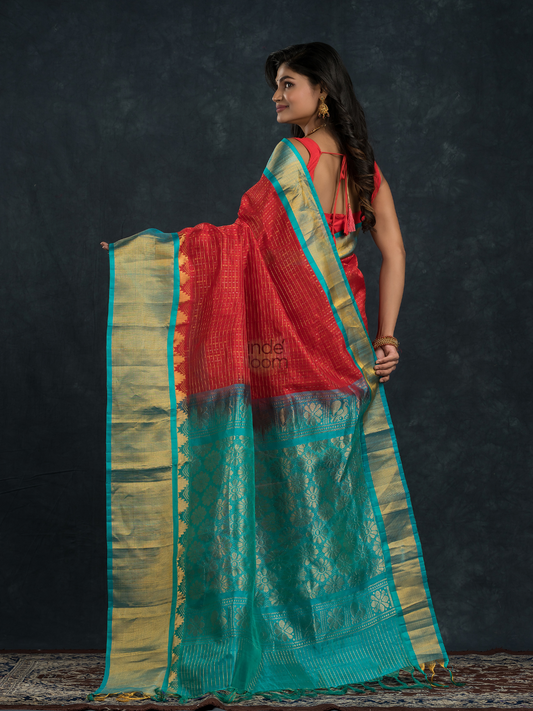 Korvai Saree Lakshadeepam in Chilli Red - Sky Blue Border - 007