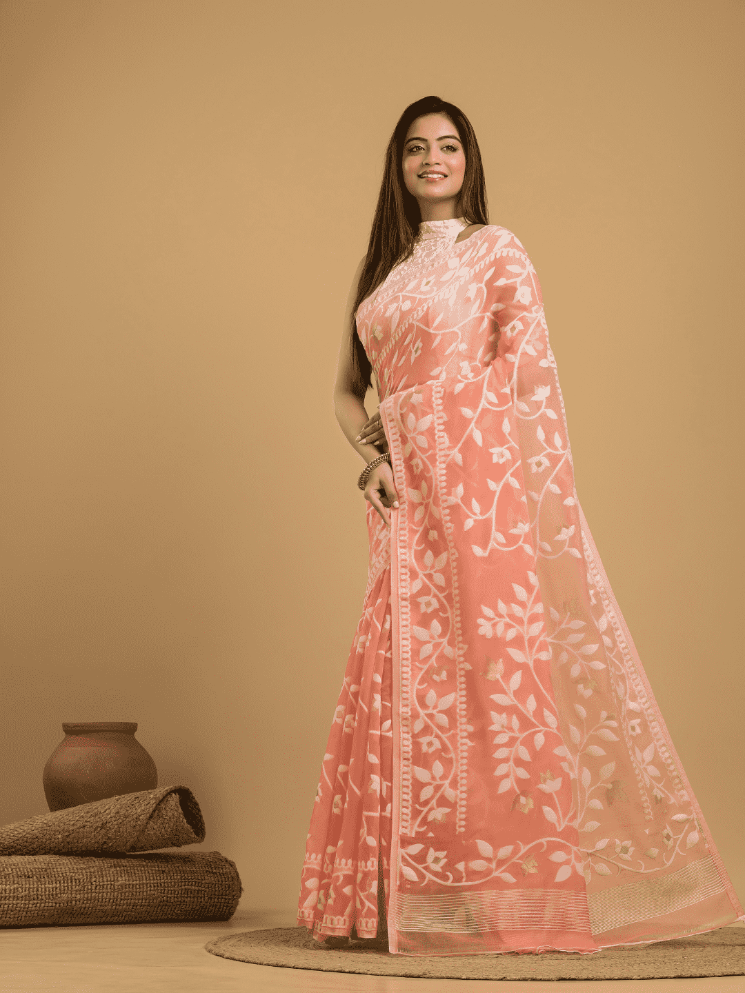 Coral Pink Cotton Silk Jamdani Saree - 030