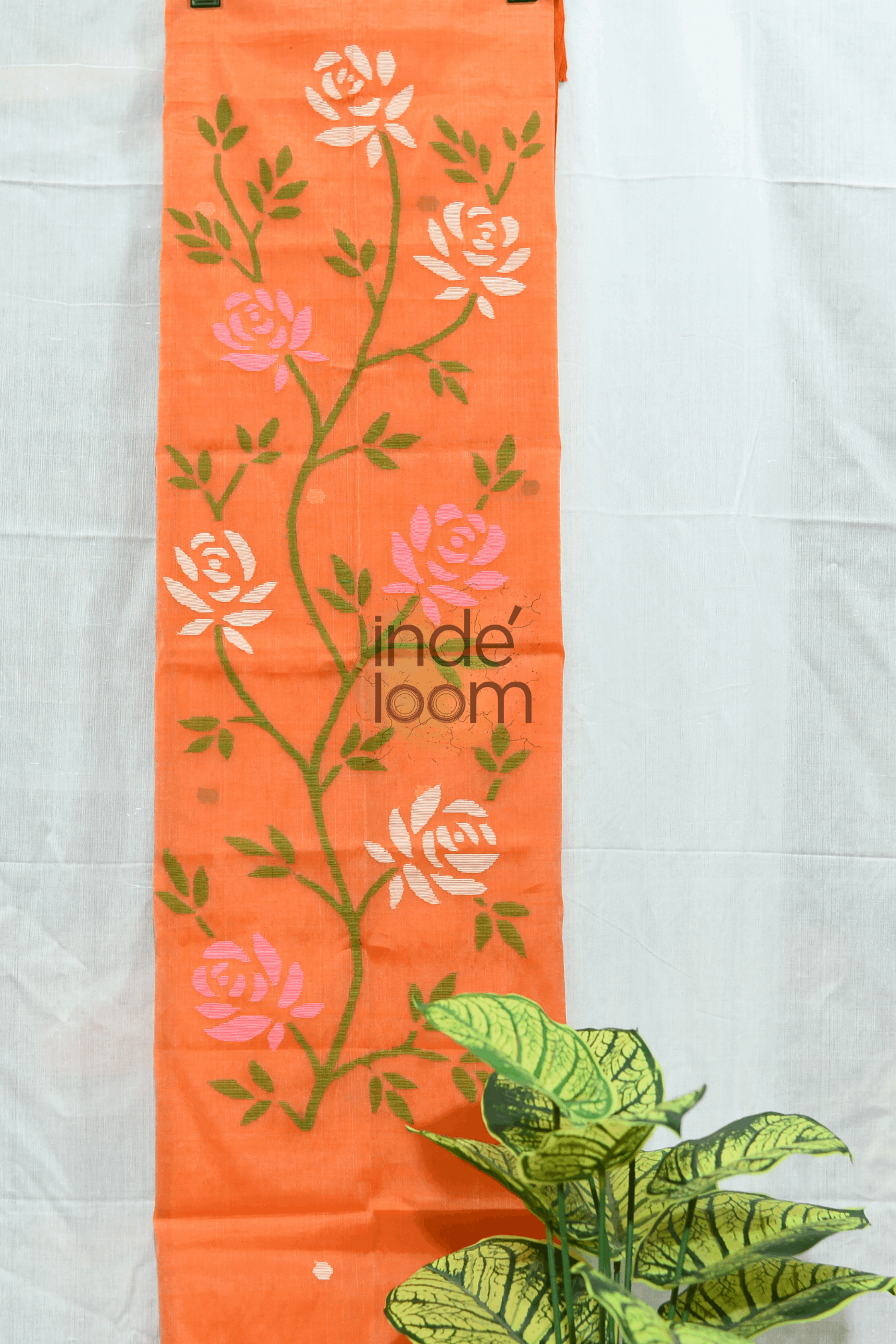 Cotton Jamdani 2 Piece Set Kurti & Dupatta with  Neon Orange - Jamdani Kurti - 150