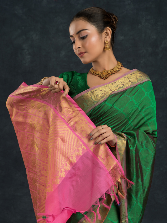 Teal Green and Pink Border  Korvai Saree - 148