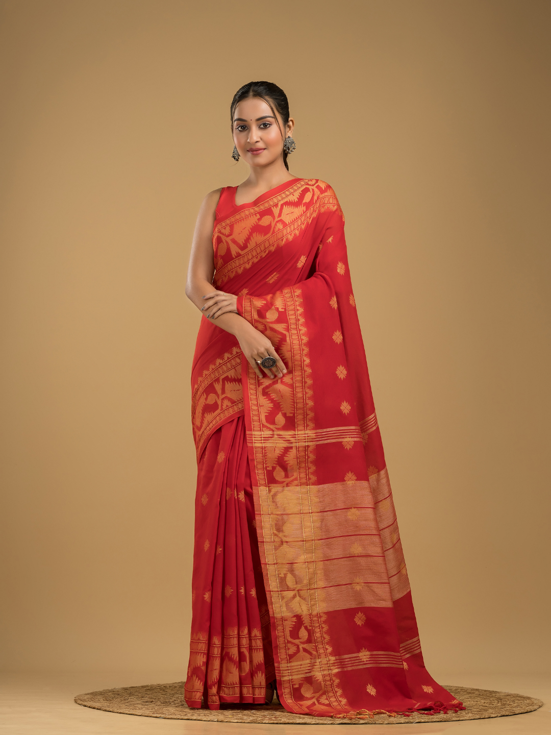 Classic Red Cotton Silk Jamdani Saree - 011