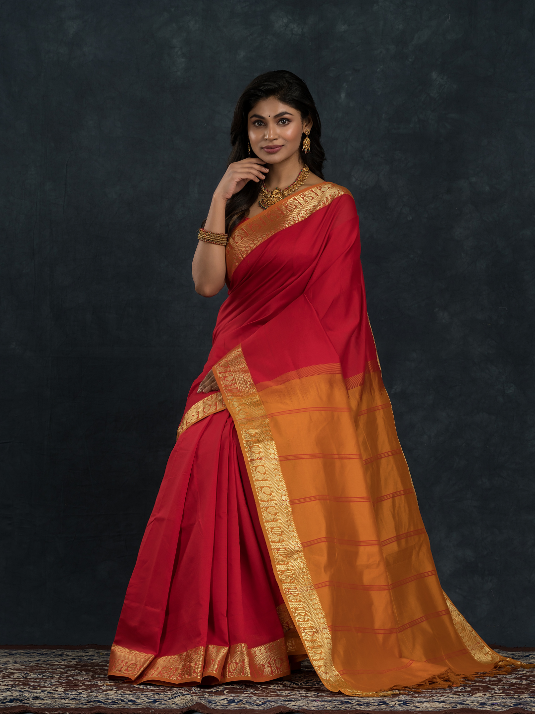 Passion Red Golden Pecock Korvai Saree - 144