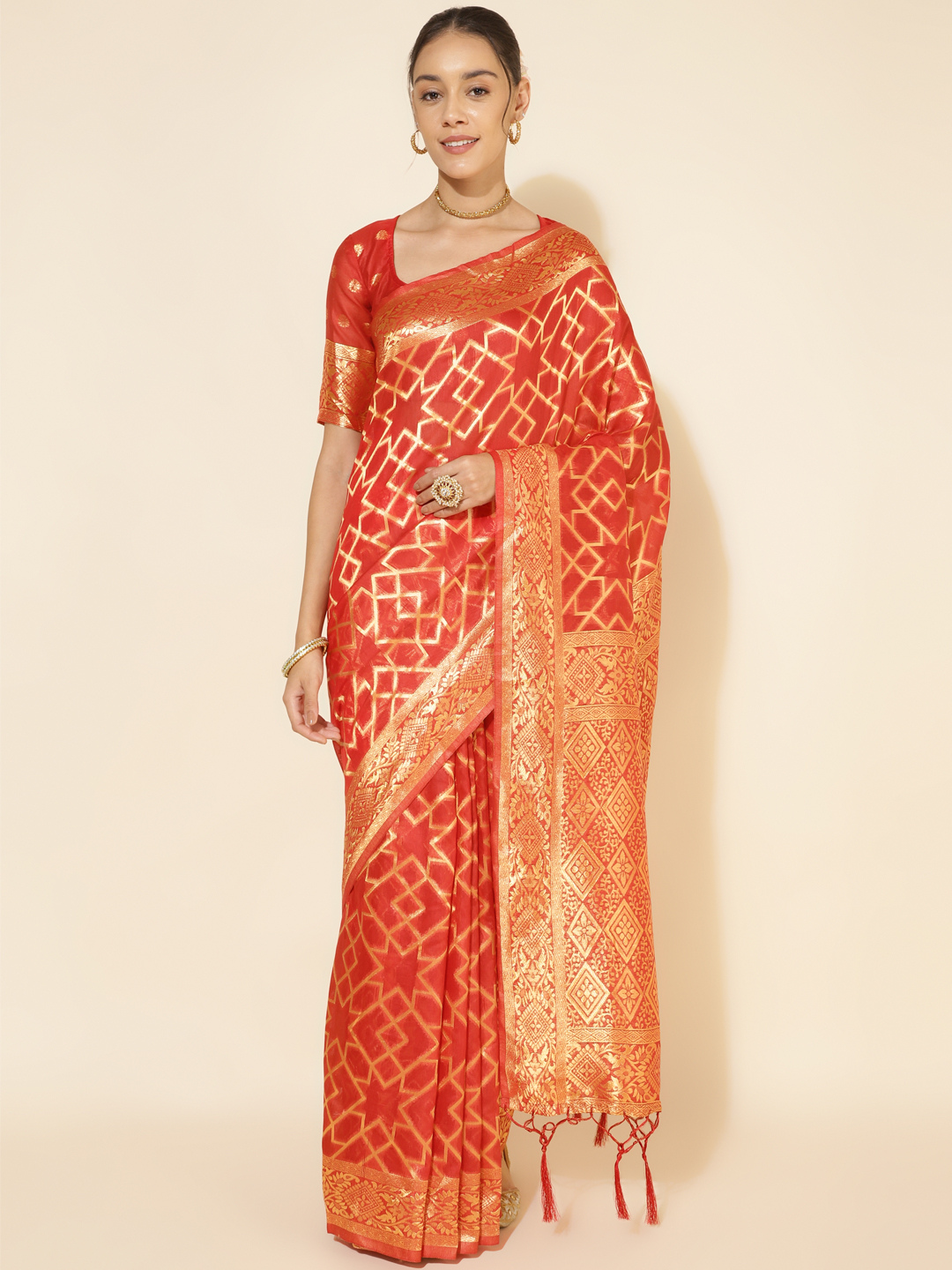 Chanderi Silk Woven Geometric Saree in Classic Red (Precision Looms) -003