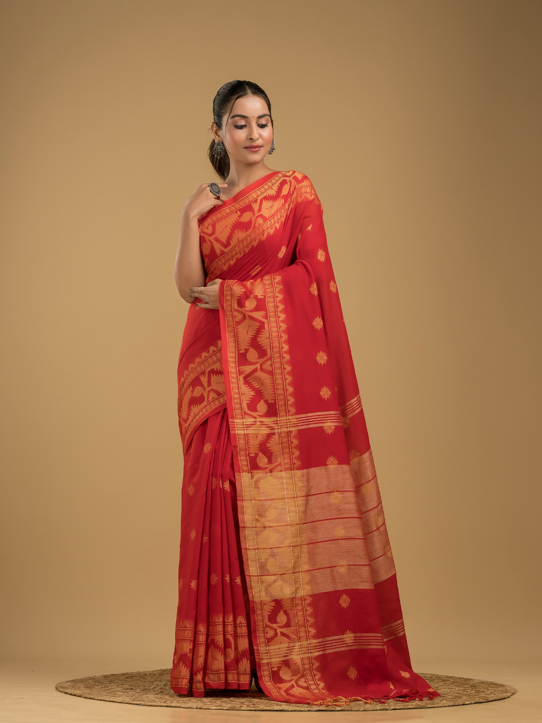 Classic Red Cotton Silk Jamdani Saree - 011