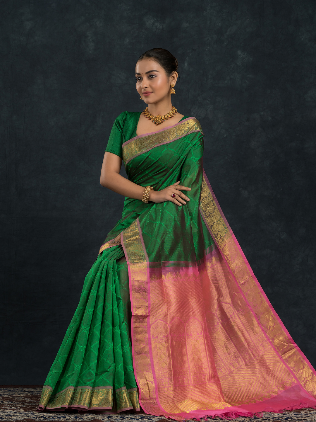 Teal Green and Pink Border  Korvai Saree - 148