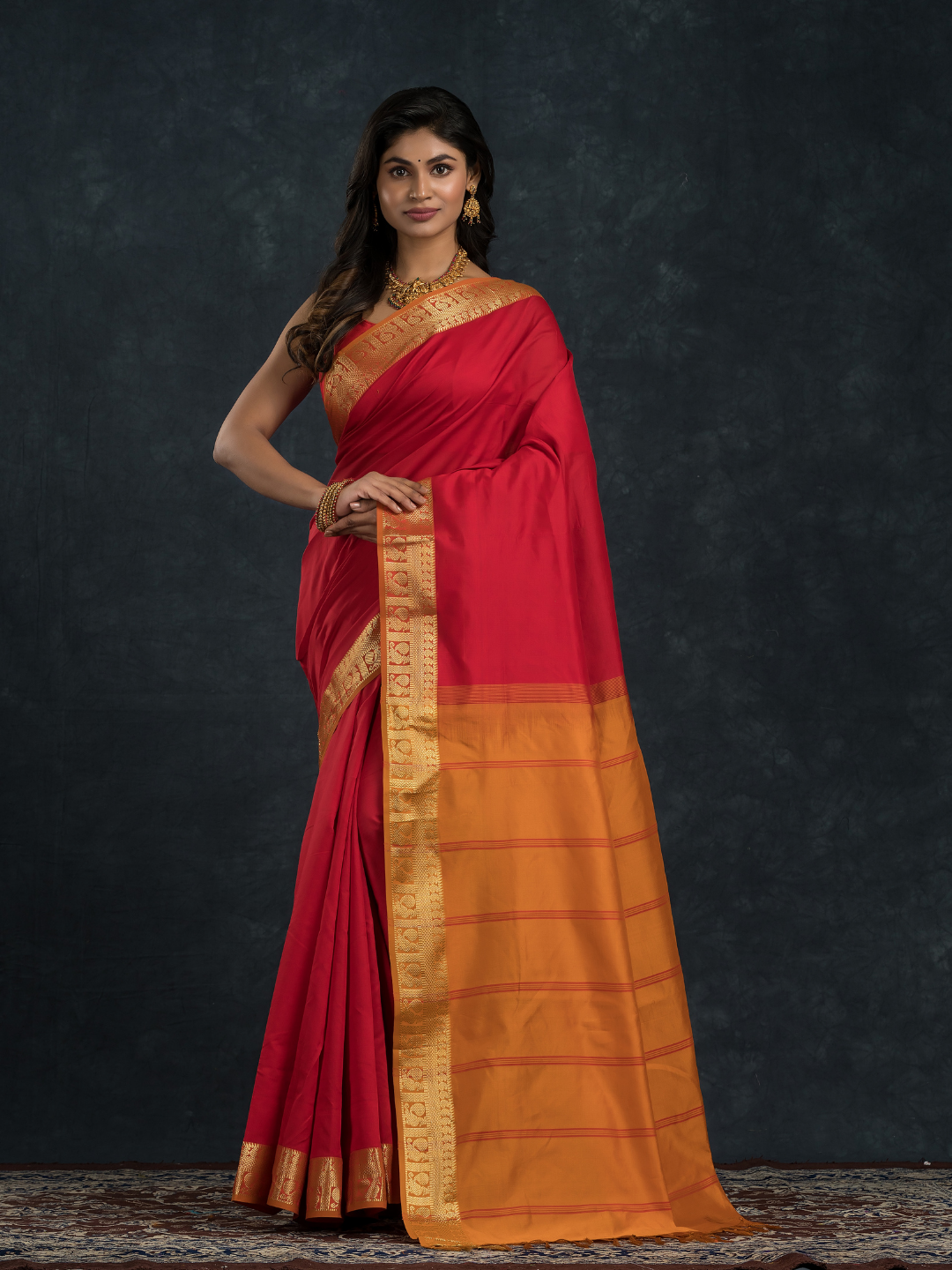 Passion Red Golden Pecock Korvai Saree - 144