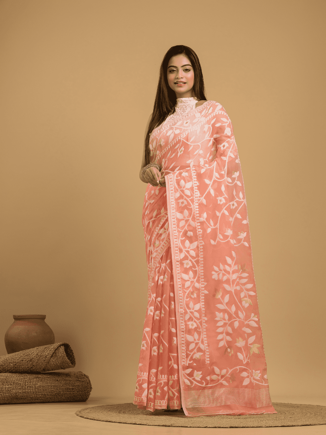 Coral Pink Cotton Silk Jamdani Saree - 030