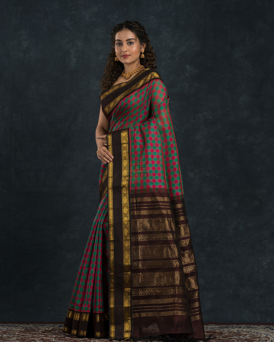 Pure handloom Korvai Saree Pink and Green Checks and Black Border - 132