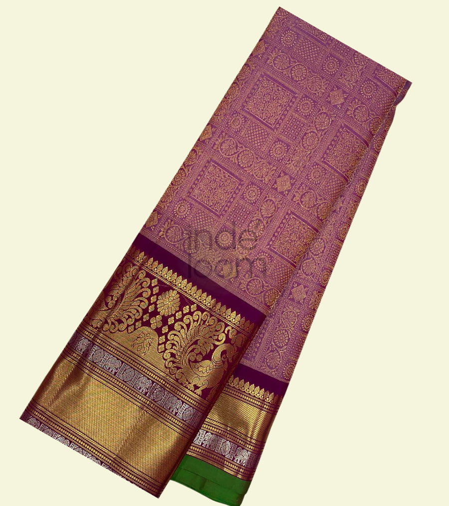 Purple Silk with Purple Pallu and Golden Border and Silver Stripes Gadwal Silk Saree.-023