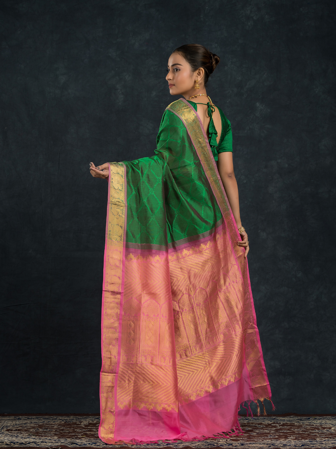 Teal Green and Pink Border  Korvai Saree - 148