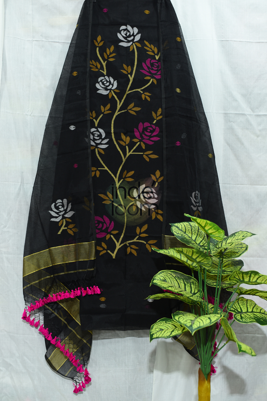 Cotton Jamdani 2 Piece Set Kurti & Dupatta with Rich Black -151