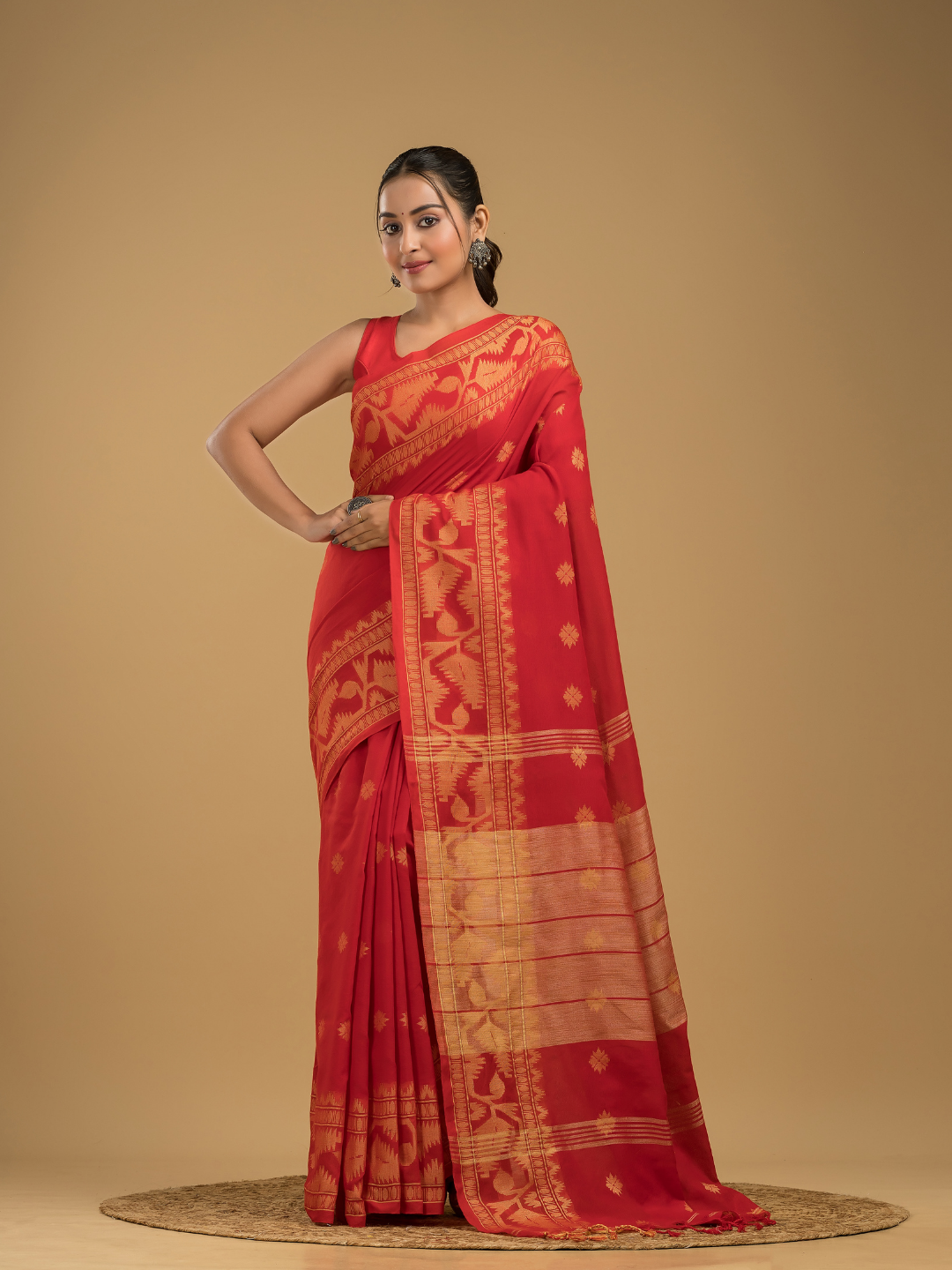 Classic Red Cotton Silk Jamdani Saree - 011