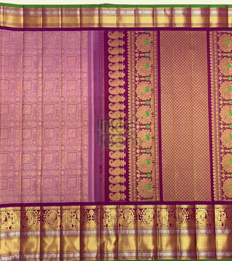 Purple Silk with Purple Pallu and Golden Border and Silver Stripes Gadwal Silk Saree.-023