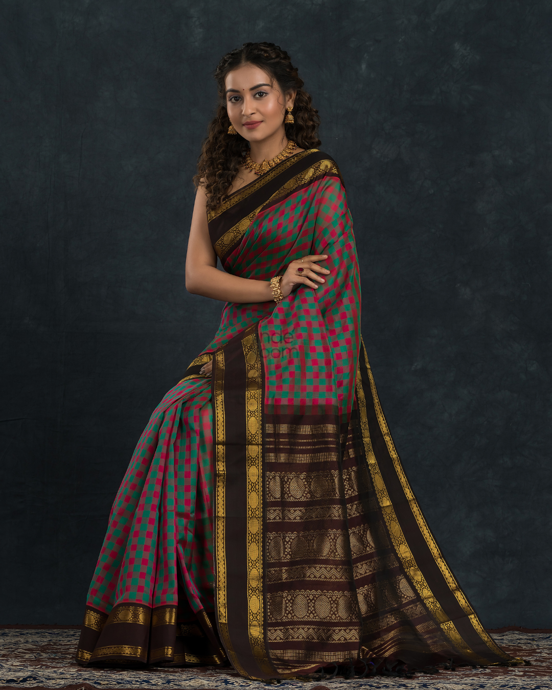 Pure handloom Korvai Saree Pink and Green Checks and Black Border - 132