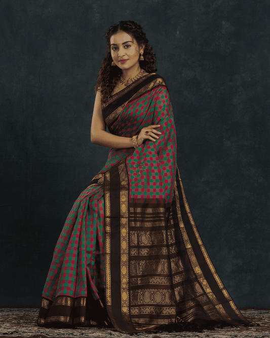 Pure Handloom Korvai Silk Cotton Saree in Pink and Green Checks with Black Border - 132