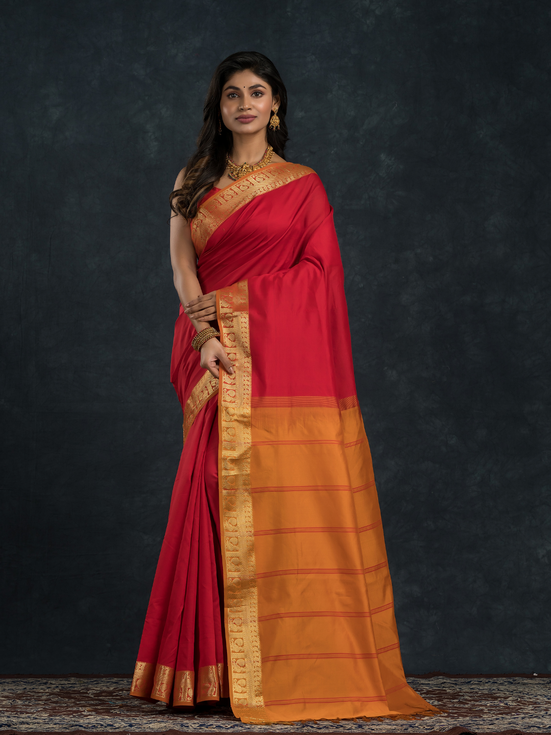 Passion Red Golden Pecock Korvai Saree - 144