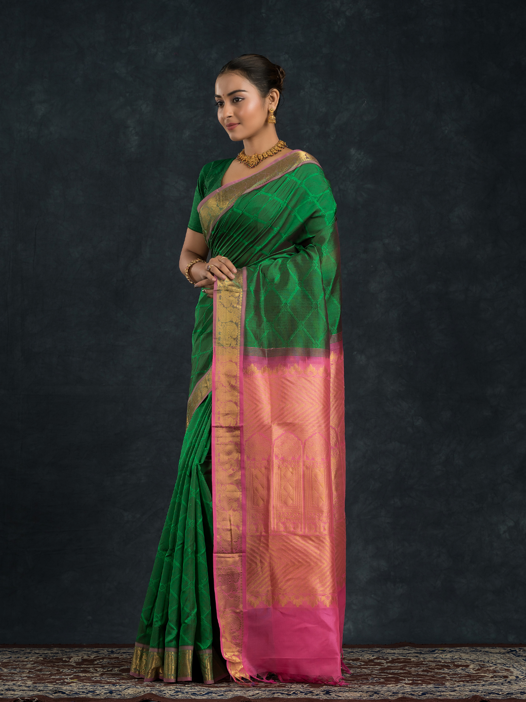 Teal Green and Pink Border  Korvai Saree - 148