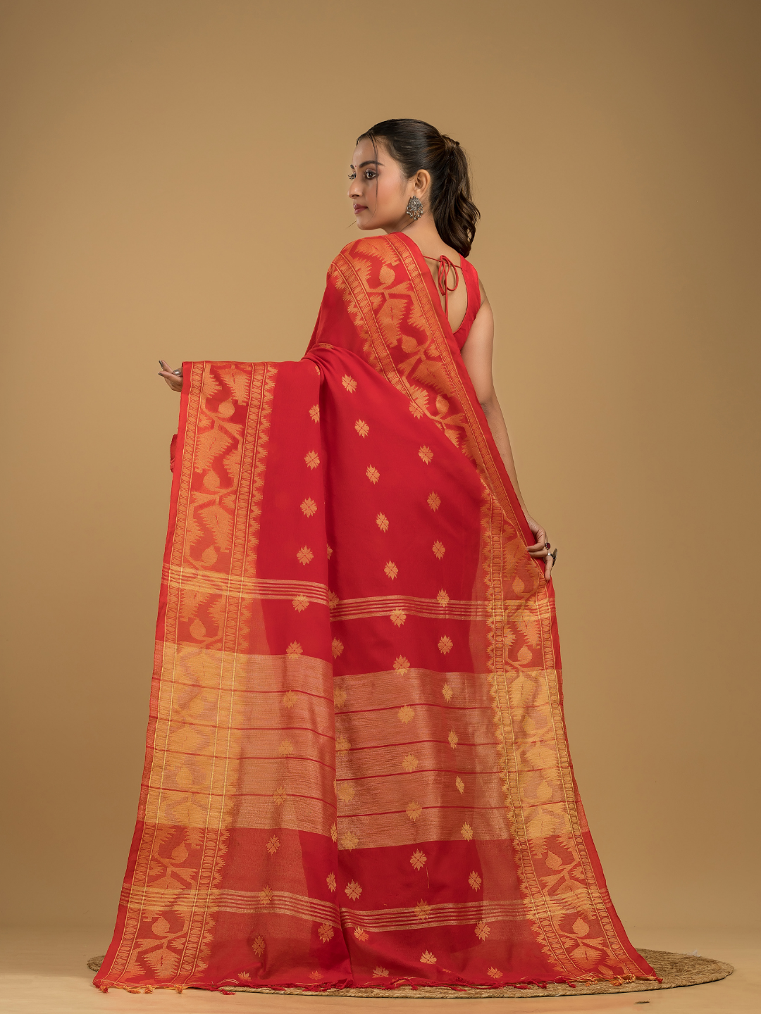 Classic Red Cotton Silk Jamdani Saree - 011