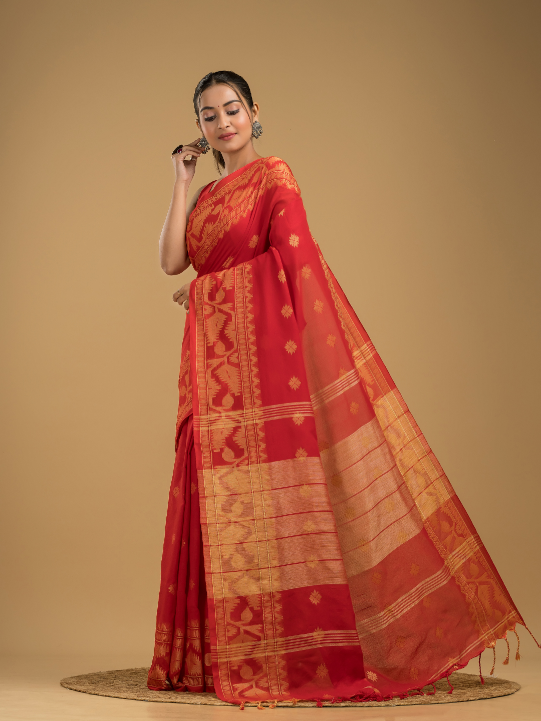 Classic Red Cotton Silk Jamdani Saree - 011