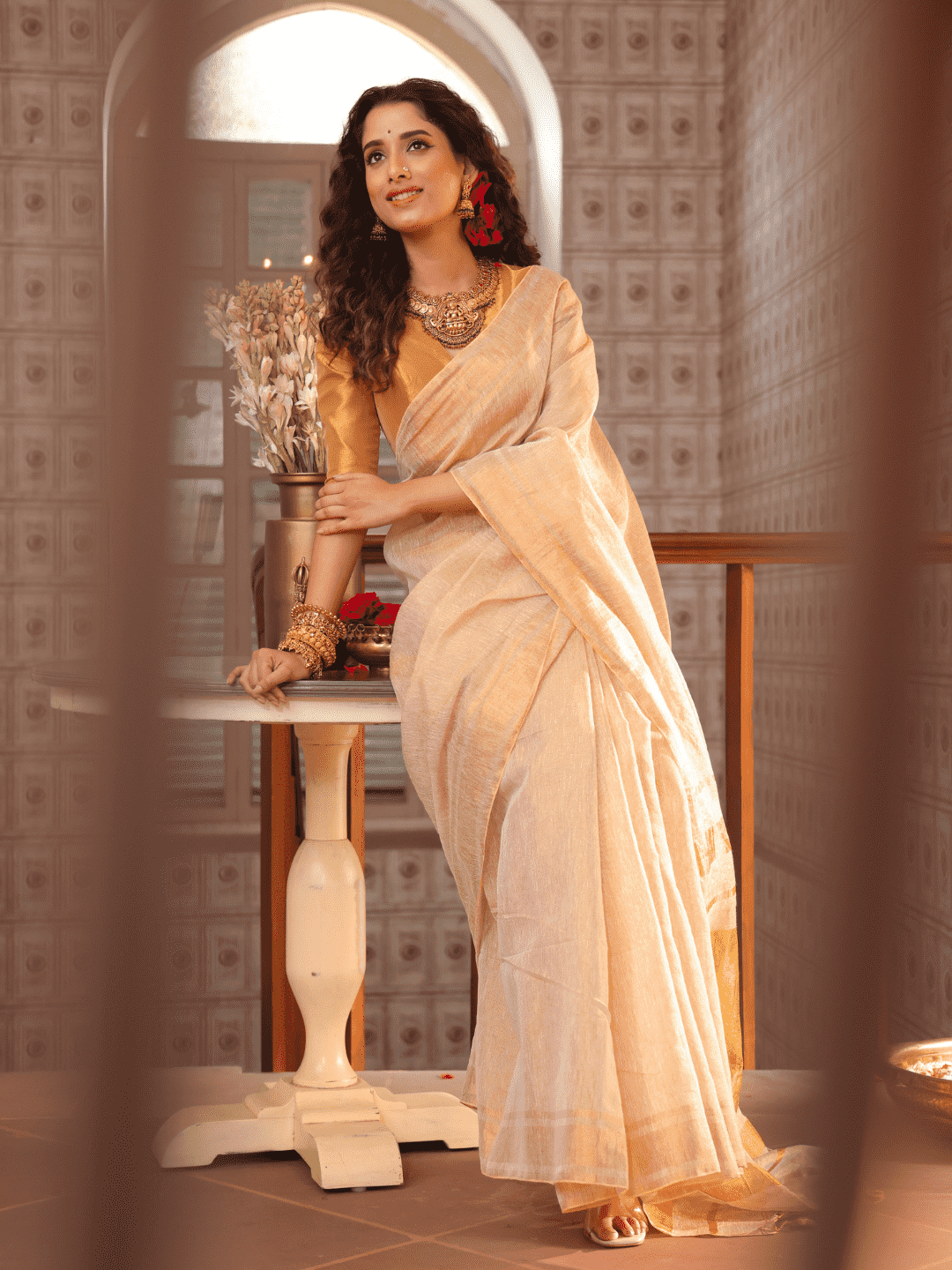 Golden Tissue Silk Saree in Linen White -022