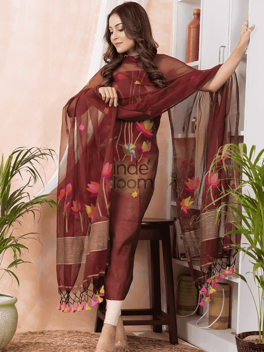 Ruby Red Jamdani 2-Piece Set Kurti & Dupatta (UNSTITCHED) -517