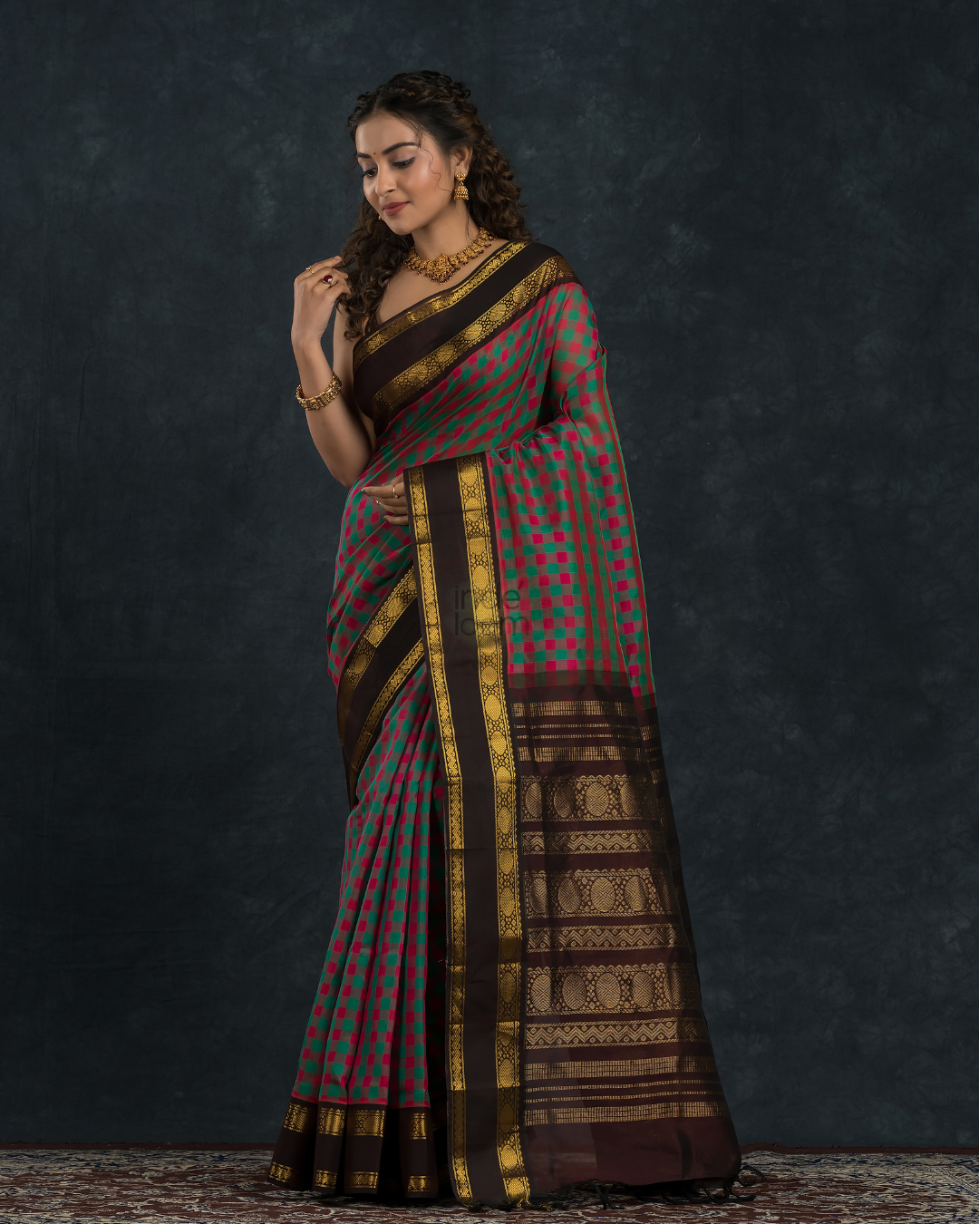 Pure handloom Korvai Saree Pink and Green Checks and Black Border - 132