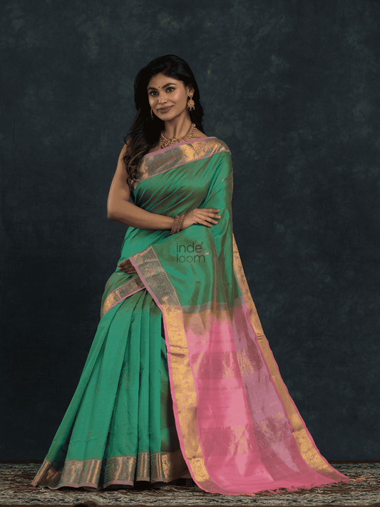 Pure Handloom Korvai Silk Cotton Saree in Mint Green and Light Pink Border with small buttas - 129