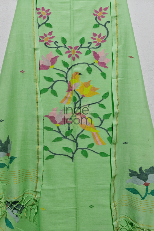 Cotton Jamdani 2 Piece Set Kurti & Dupatta with Pastel Green-312